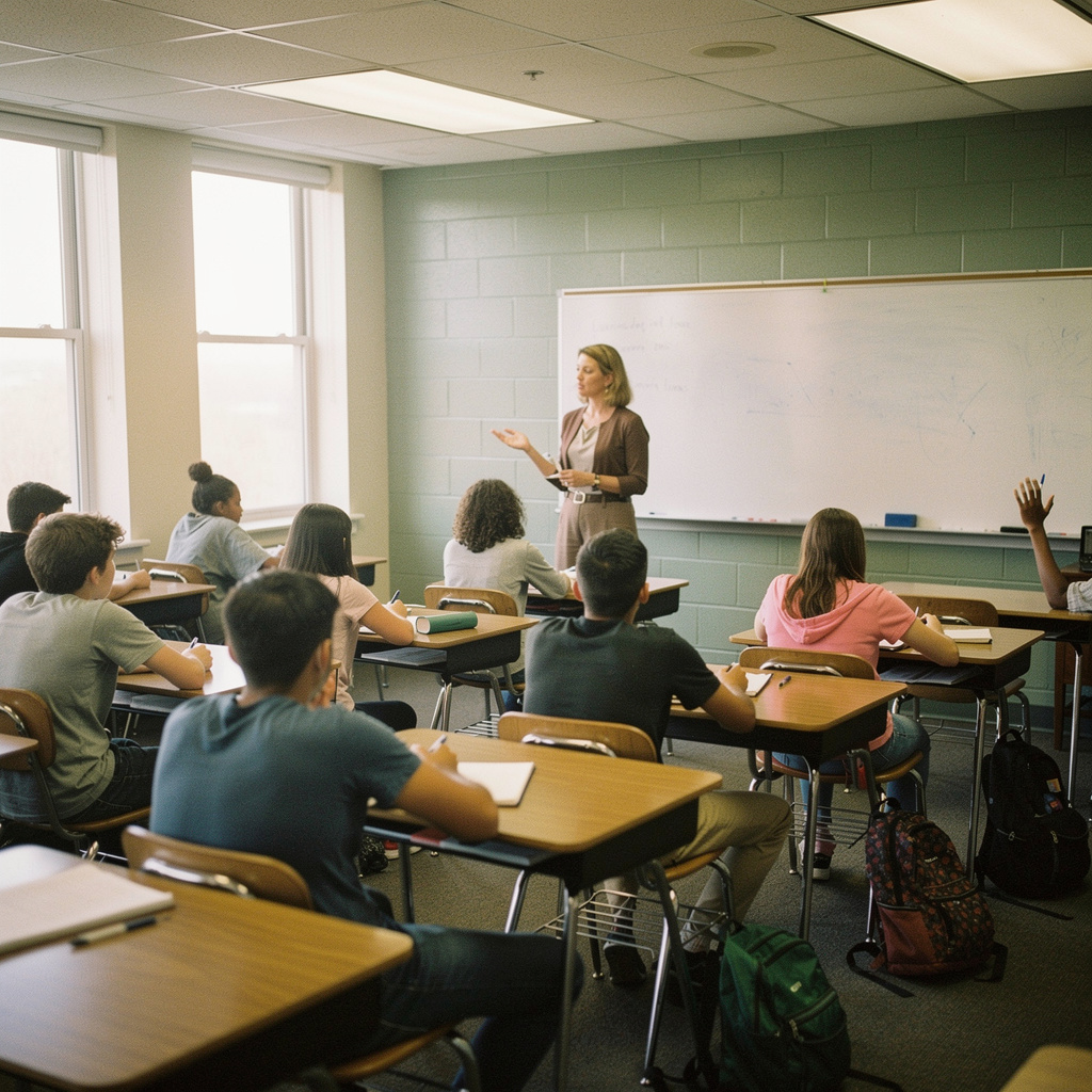 A teacher stands at a whiteboard with one hand open mid-explanation, facing about ten high-school students seated at wooden desks. A student near the far wall raises a hand; backpacks rest on the floor between the rows.