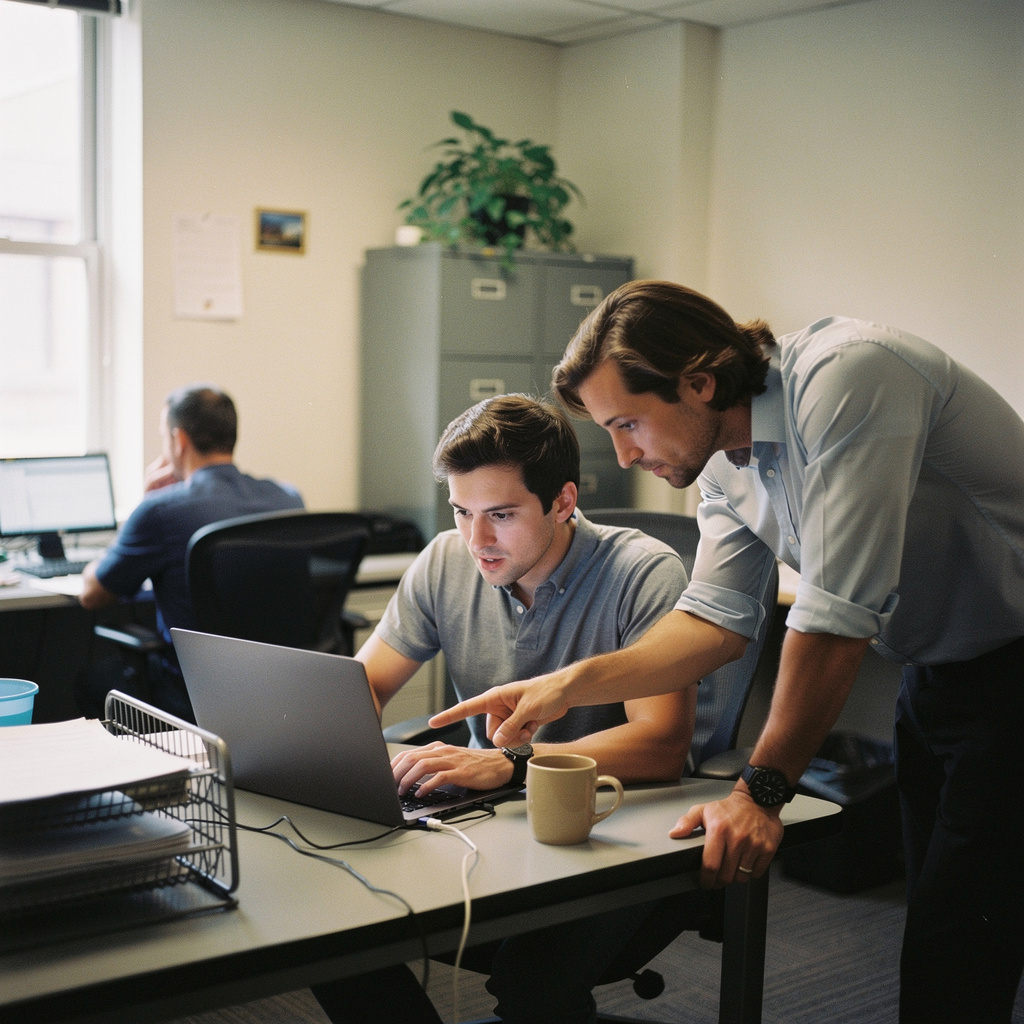 A standing colleague in a light blue shirt leans over a desk to point at a laptop screen while a seated coworker in a gray shirt types, with a third person working at a desktop computer in the background of a small office.